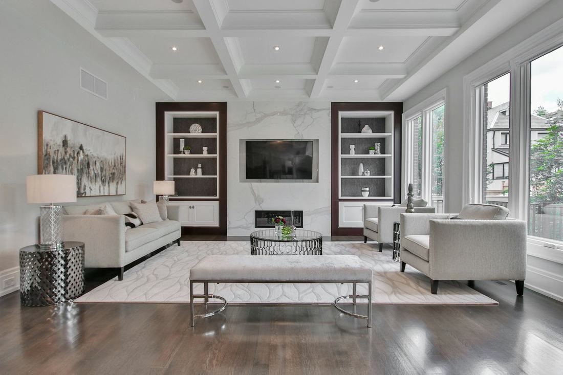 Bright living room with tall windows