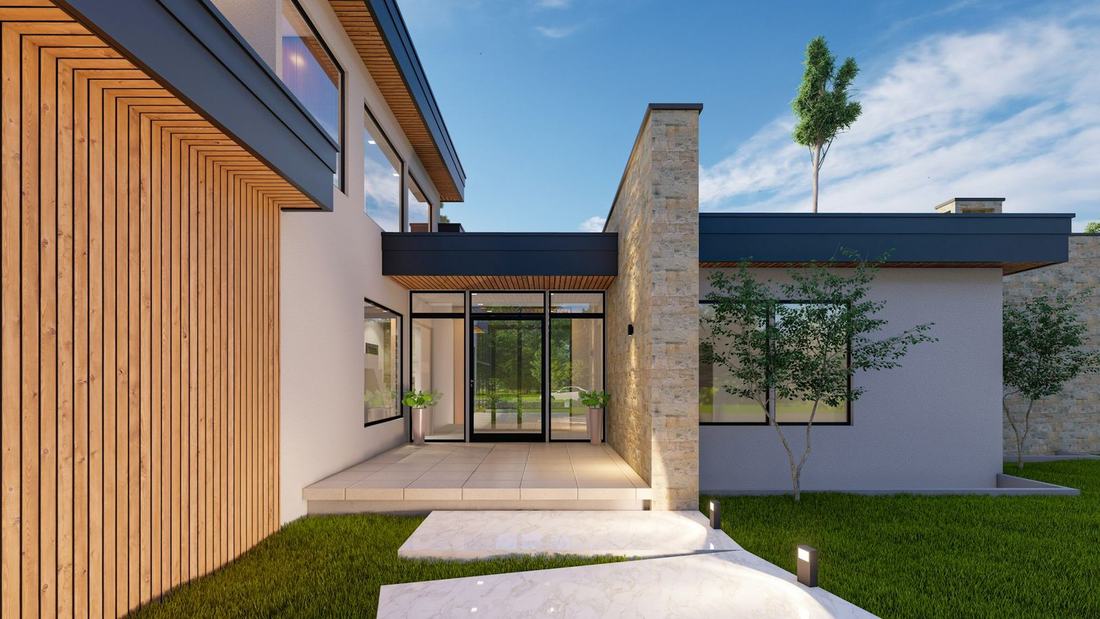 Modern home with a wood and stone entry