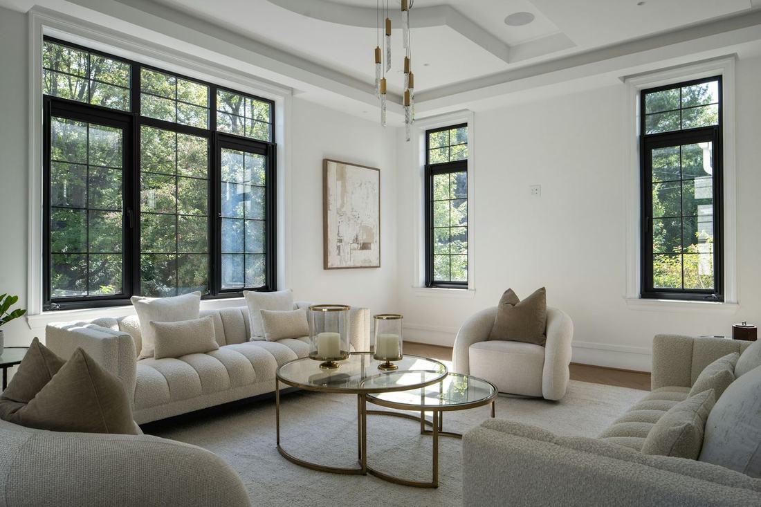 Living room with black-framed windows