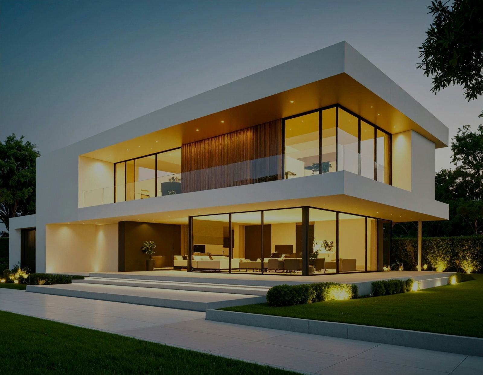 Modern two-story home lit up at dusk