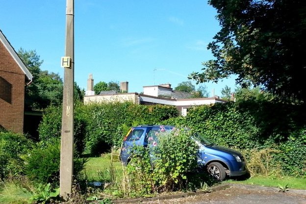Overgrown front garden with a parked car