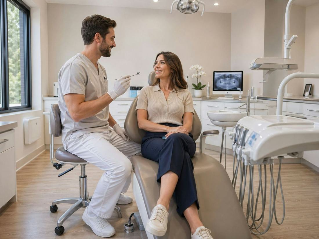 Dentist talking with a patient in an exam room